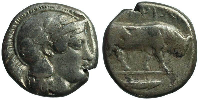 Lucania, Thourioi; AR Nomos; head of Athena/bull