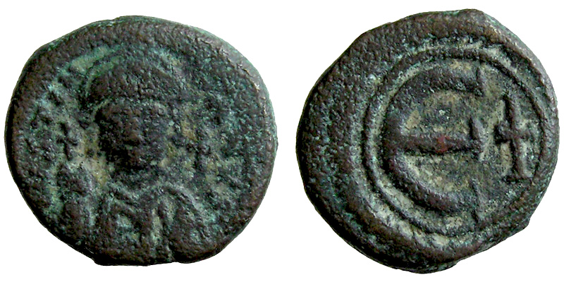 Justinian I; AE Pentanummium on Decanummium flan