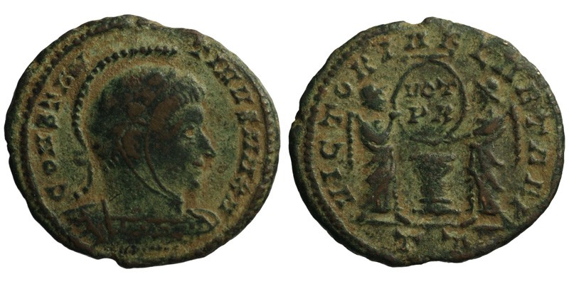 Constantine I; AE3 Ticinum; Victories with shield over altar