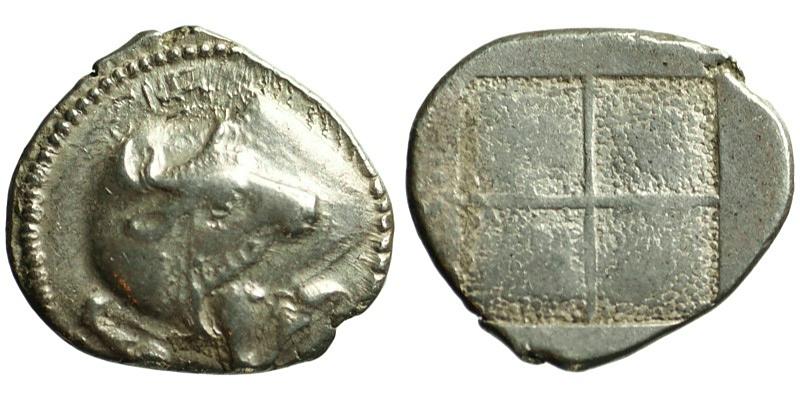 Macedonia, Akanthos; AR Tetrobol; forepart of bull/incuse