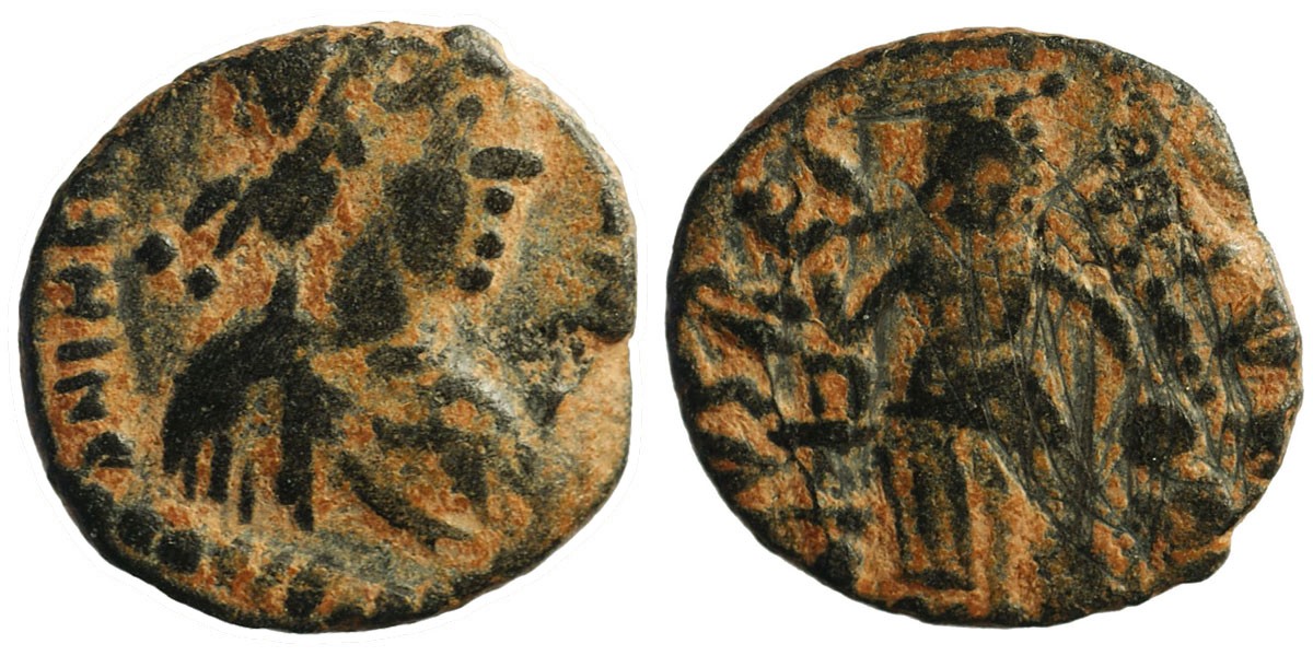 Theodosius II; AE4 Rome; Victory dragging captive