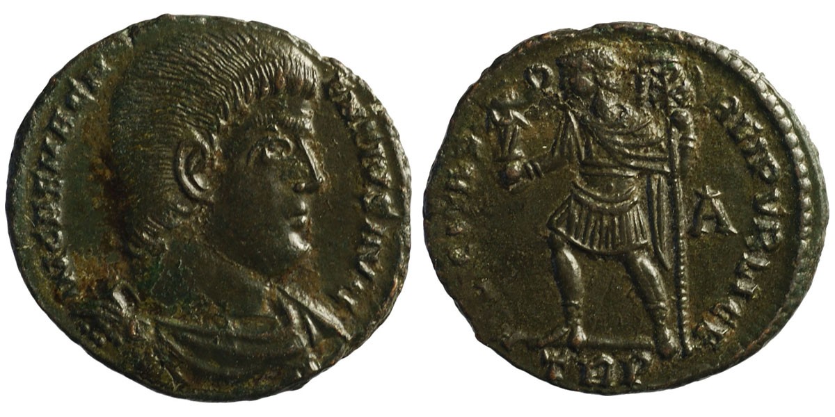 Magnentius; AE2 Treveri; emperor with Victory and labarum