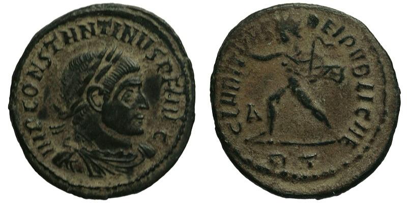 Constantine I; AE Follis, Rome; Sol with whip