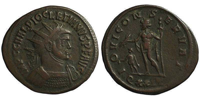 Diocletian; AE Antoninianus, Ticinum; Jupiter with emperor