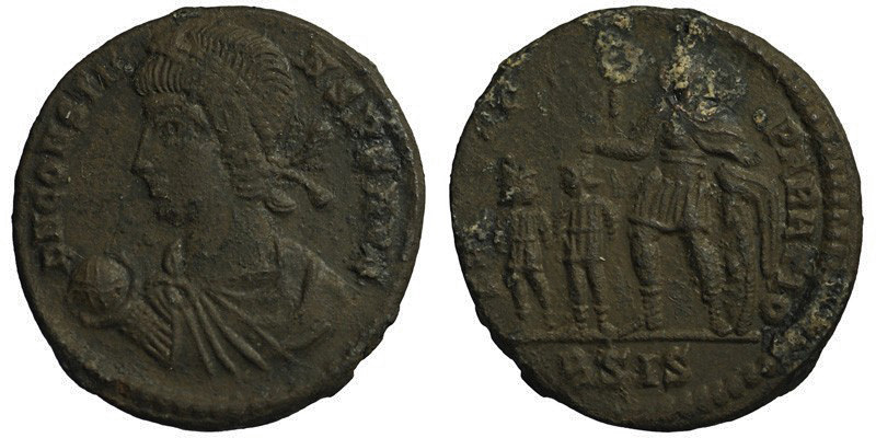Constans; AE3 Siscia; emperor with captives