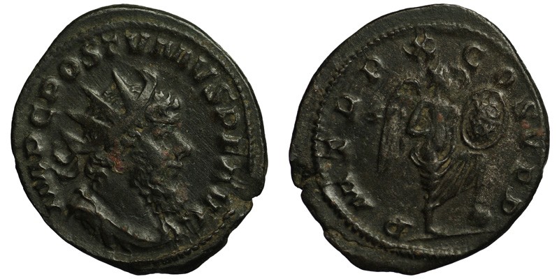 Postumus; Silvered AE Antoninianus, Cologne; Victory inscribing shield