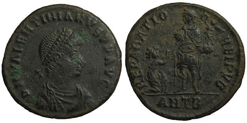 Valentinian II; AE2 Antioch; emperor with kneeling female