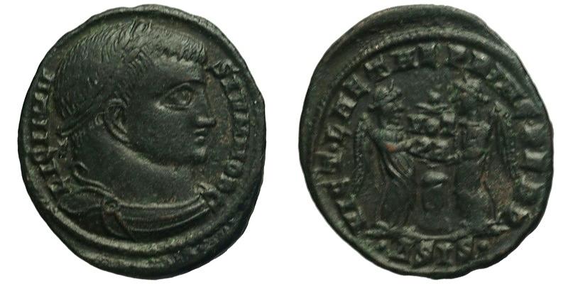 Licinius II; AE3 Siscia; Victories holding shield over altar