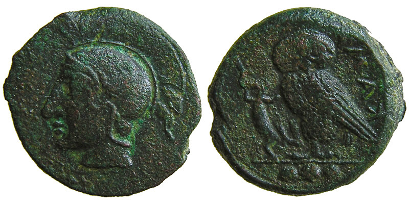 Sicily, Kamarina; head of Athena/owl, lizard