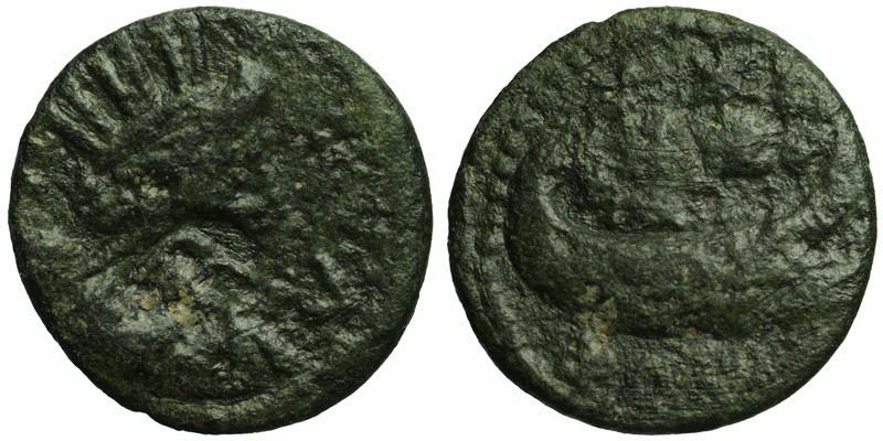Ionia, Phokaia; head of Tyche/galley with caps of Dioscuri