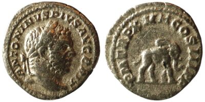 Caracalla, AR Denarius (Fourreé); elephant