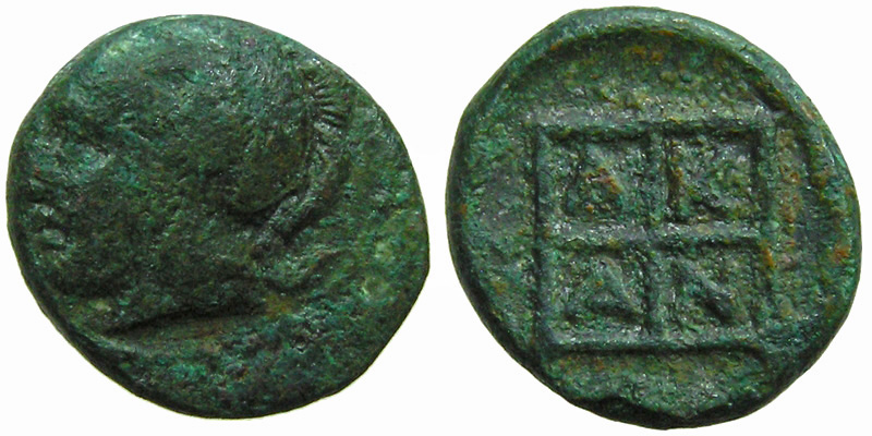 Macedonia, Akanthos; head of Athena/AKAN in square