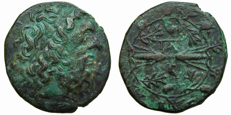 Epeiros, Symmachy; head of Zeus/thunderbolt within wreath