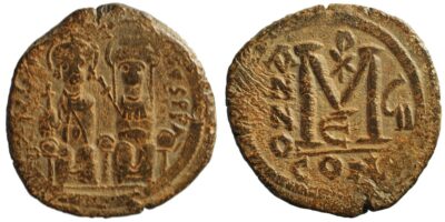 Justin II with Sophia; AE Follis, Constantinople
