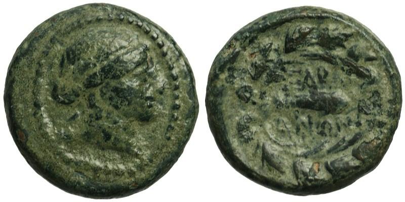 Lydia, Sardes; head of Apollo/club in wreath
