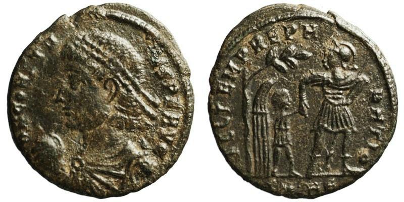 Constans; AE3 Heraclea; emperor leading barbarian