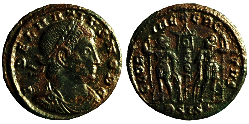 Delmatius; AE3 Siscia; soldiers with standard