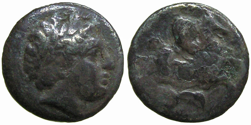 Mysia, Lampsakos; AR Diobol; male head/forepart of Pegasos