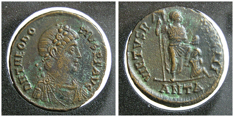 Theodosius I; AE2 Antioch; emperor with captive