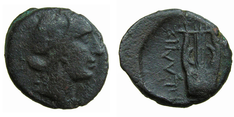 Macedonia, Pella; head of Apollo/lyre