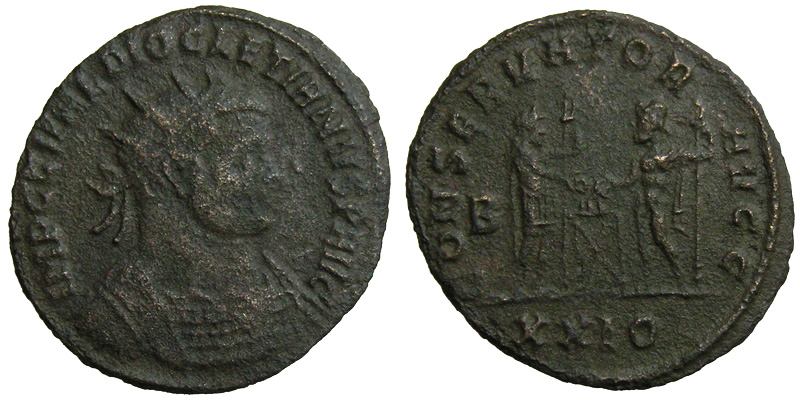 Diocletian; AE Antoninianus, Siscia; emperor with Jupiter