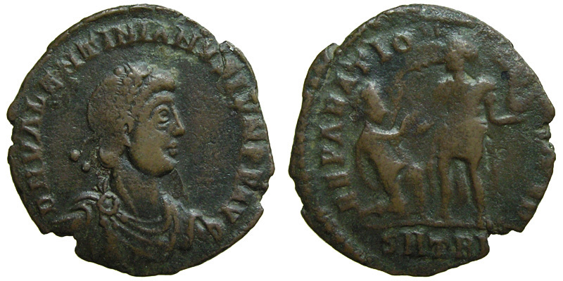 Valentinian II; AE2 Treveri; emperor raising female