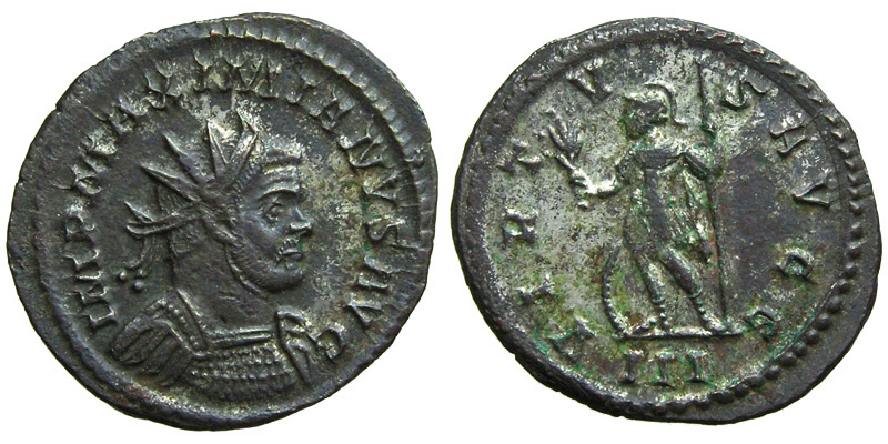Maximianus Herculius; silvered Antoninianus, Lugdunum; soldier with shield