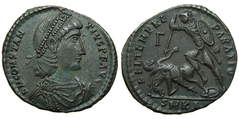 Constantius II; AE3 Cyzicus; soldier spearing horseman