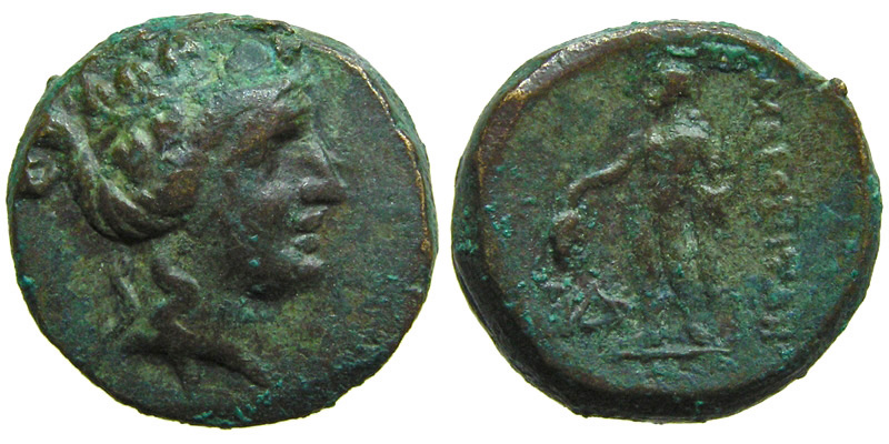 Thrace, Maroneia; head of Dionysos/Dionysos standing