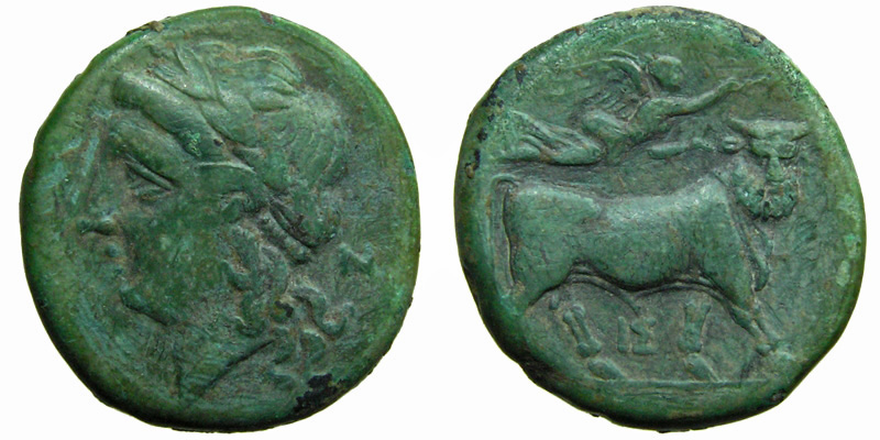 Campania, Neapolis; head of Apollo/man-headed bull