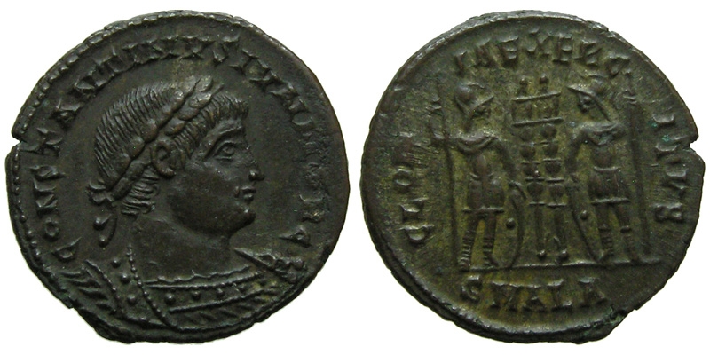 Constantine II; AE3 Alexandria; soldiers with standards