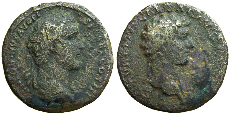 A. Pius with M. Aurelius; AE Sestertius; head of A.Pius/head of M.Aurelius