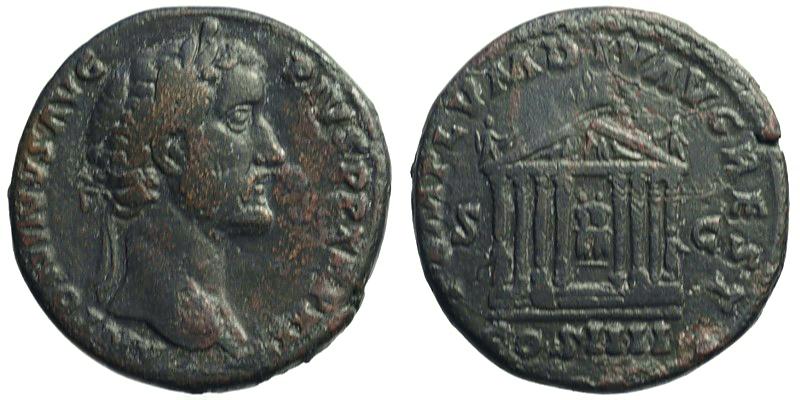 Antoninus Pius; AE Sestertius; temple with images of Divus Augustus and Diva Livia