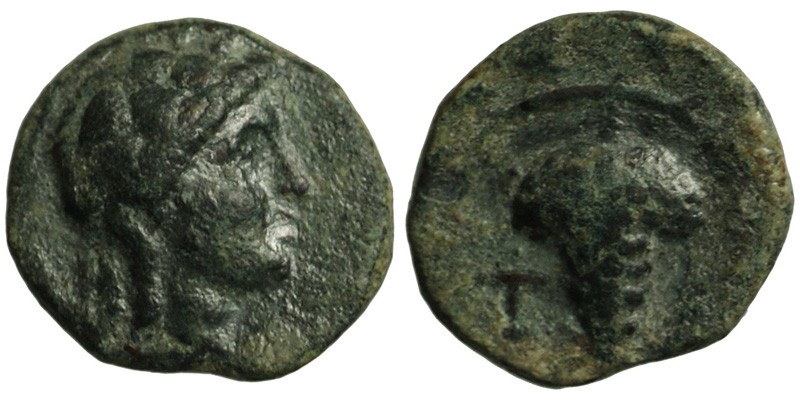 Aeolis, Temnos; head of Dionysos/grapes