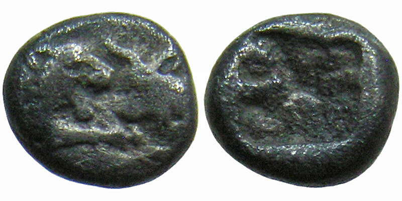 Lydia, Kroisos; 1/24th Stater; lion's and bull's foreparts confronted/incuse