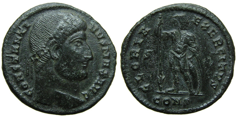 Constantine I; AE3 Constantinople; soldier with spear and shield