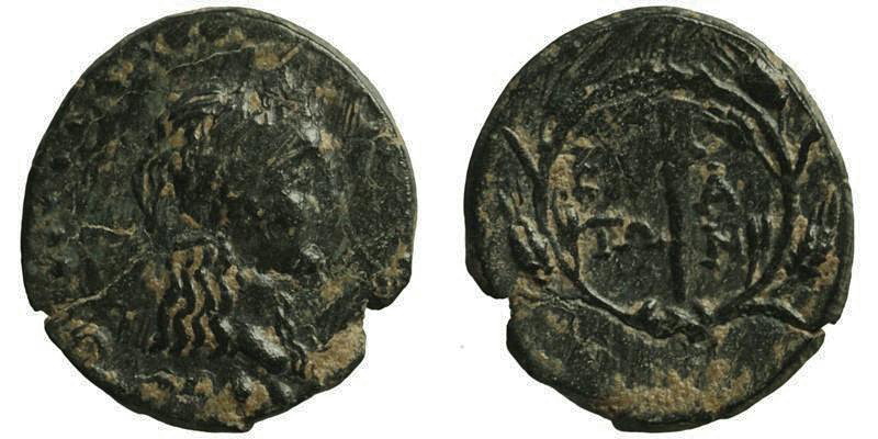 Aeolis, Elaia; head of Demeter/torch in wreath