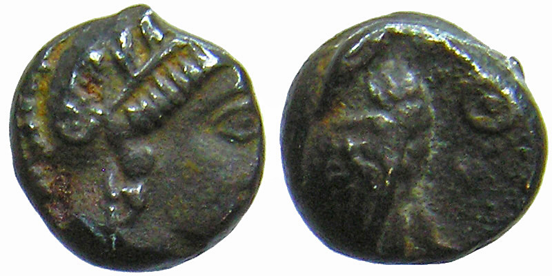 Attica, Athens; AR Obol; head of Athena/owl