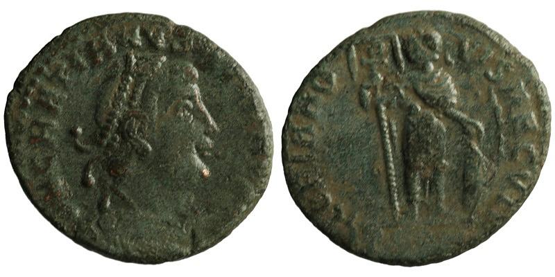 Gratian; AE3 Arelate; emperor with shield and labarum