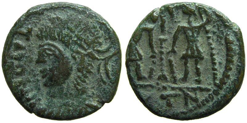 Barbarized AE4 of Constans; soldiers wirh standard