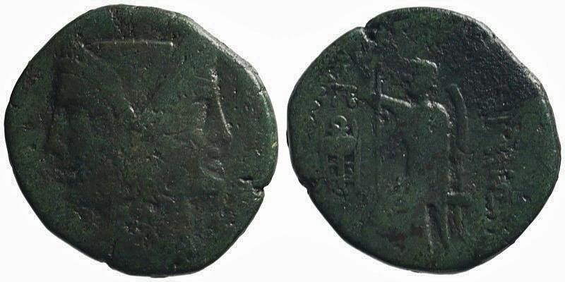 Bruttium, Rhegion; AE Pentonkion; Janiform head/Asklepios seated