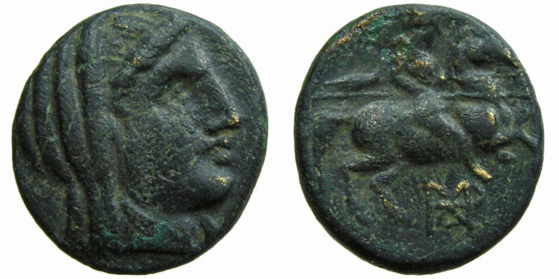 Thessaly, Pelinna; head of Mantho/horseman