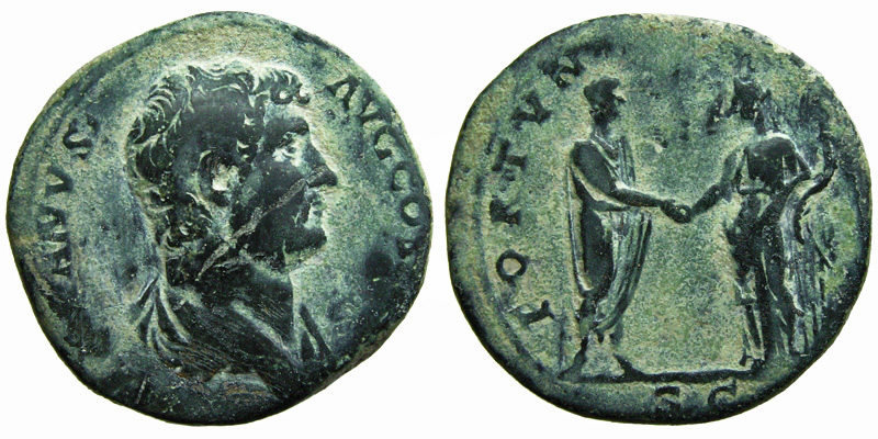 Hadrian; AE Sestertius; bust of Hadrian/emperor with Fortuna