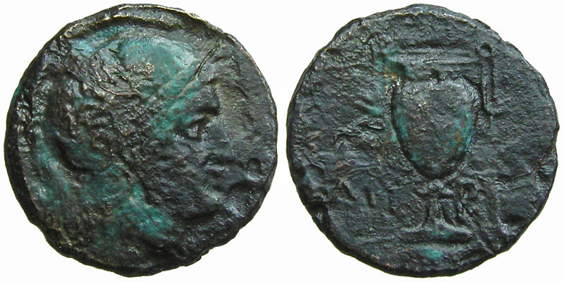 Aeolis, Myrina; head of Athena/amphora