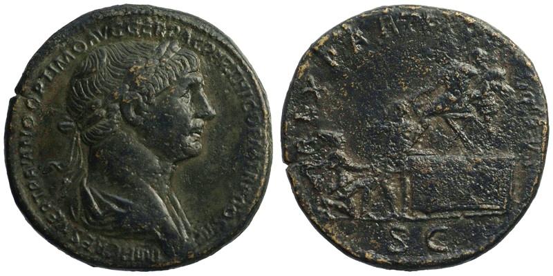 Trajan; AE Sestertius; Trajan presenting king to kneeling Parthia