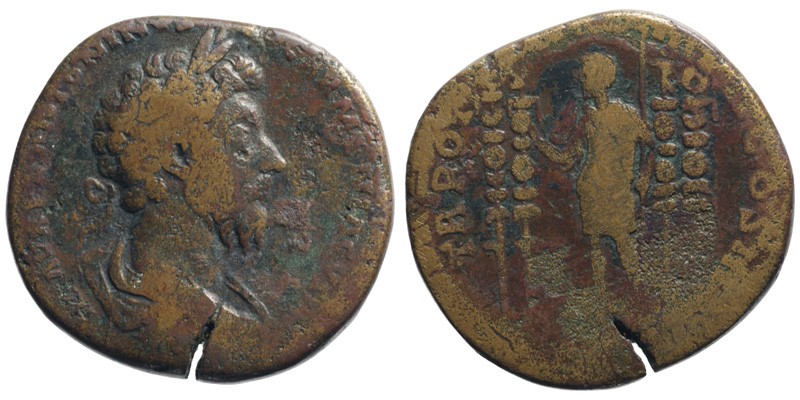 Marcus Aurelius; AE Sestertius; emperor between standards