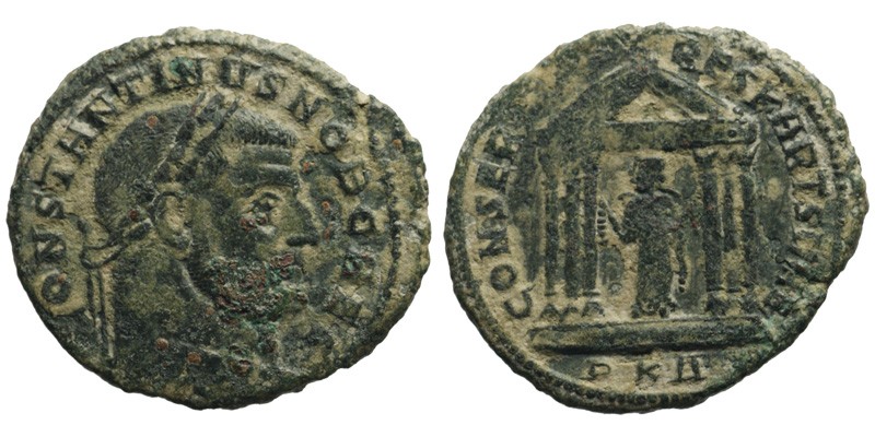 Constantine I as Caesar; AE Follis, Carthage; Carthago in temple