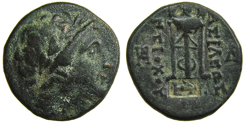 Antiochos II Theos; head of Apollo/tripod