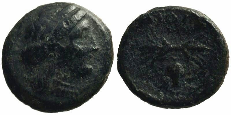Ionia, Koinon of Lesbos, Methymna; female head/thunderbolt, grapes