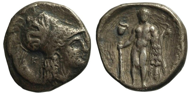 Lucania, Herakleia; AR Nomos; head of Athena/Herakles